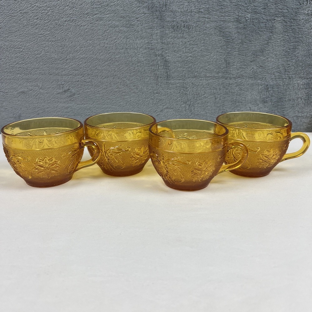 Vintage Pressed Indiana Glass Amber Tiara Sandwich Coffee Tea Mug Cup - Set Of 4